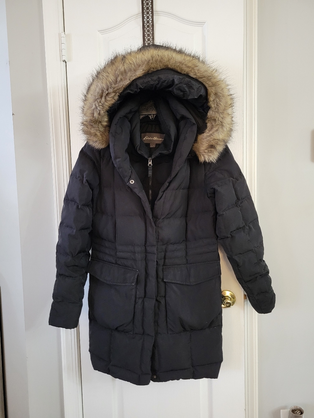 Eddie Bauer Yukon Classic Down Parka Jacket Black Tall Large Faux Fur Hood